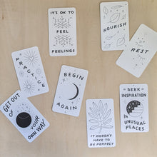 Load image into Gallery viewer, 8 cards from the Inquire Within Deck feature black drawings on white paper cards that read: get out of your own way, practice, it&#39;s ok to feel feelings, nourish, rest, seek inspiration in unusual places, it doesn&#39;t have to be perfect, &amp; begin again