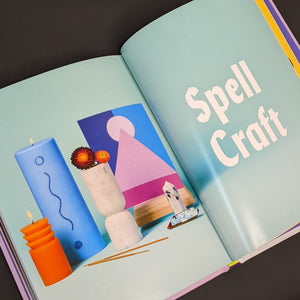 Two page spread from Color, Form, and Magic by Nicole Pivirotto. Left page features colorful candles and an alter on a mint green background. Right page reads "Spell Craft" in white block letters on a mint green background.