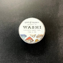 Load image into Gallery viewer, A roll of washi tape with a preview of the mushroom illustration design on the label. The label reads &quot; Root &amp; Branch paper co.
WASHI
removable paper tape
15mm x 10mm&quot;
Sold at Coyote Supply Co a BIPOC and LGBTQIA+ owned zero waste witch store in Reno Nevada