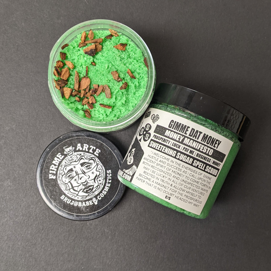 Green sugar scrub in a plastic container with a black and white label that reads Gimme Dat Money. Sold at Coyote Supply Co a BIPOC and LGBTQIA+ owned zero waste witch store in Reno Nevada