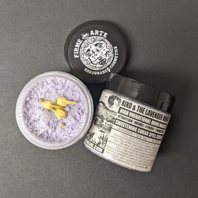 Lavender sugar scrub in a plastic container with a black and white label that reads Kiko & The Lavender Moon. Sold at Coyote Supply Co a BIPOC and LGBTQIA+ owned zero waste witch store in Reno Nevada