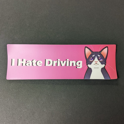 A bright pink bumper sticker with white text that reads 