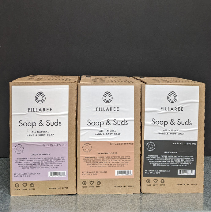 Three boxes of Fillaree Soap & Suds all natural Hand & Body soap. From left to right the scents are Lemon Lavender, Tangerine Clove, and Unscented. Sold at Coyote Supply Co a BIPOC and LGBTQIA+ owned zero waste witch store in Reno Nevada