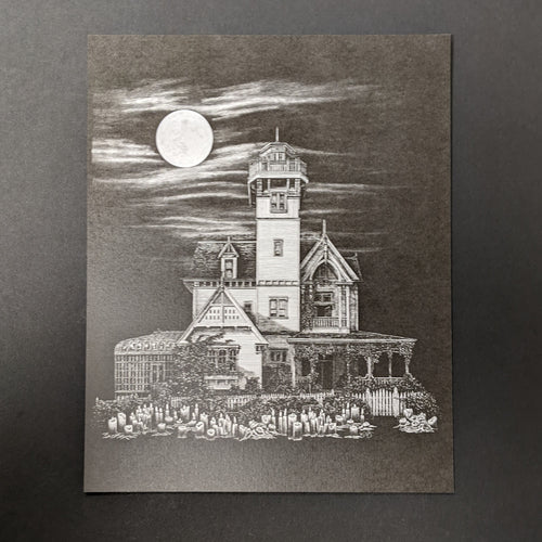 A monochromatic black and white illustration of the house from Practical Magic under a full moon. Sold at Coyote Supply Co a BIPOC and LGBTQIA+ owned zero waste witch store in Reno Nevada