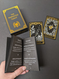 Black background with tarot deck scattered on it and a hand in the lower left corner. Cards, box, and guide book are gold and white skeletons and botanicals on black paper. Sold at Coyote Supply Co a BIPOC and LGBTQIA+ owned zero waste witch store in Reno Nevada