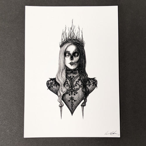 Black drawing on white paper of the Norse Goddess Hel, from the chest up. Her wavy hair is parted in the middle then twisted down into a point that is tipped with a metal adornment on each side, it's light colored on the left and dark colored on the right. The right side of her face is skeletal. She's wearing a high neck lace blouse that looks Victorian & a crown of twigs. Available at Coyote Supply Co, a zero waste witch store in Midtown Reno, Nevada that is BIPOC owned