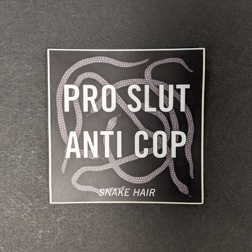 A square black sticker with white snakes twisted about and white text that reads:
