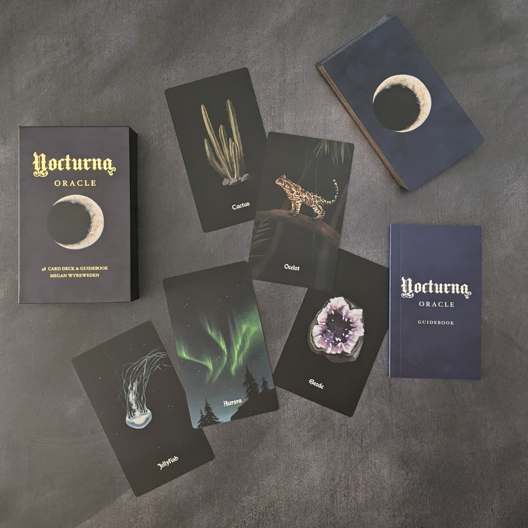 An assortment of cards from the Nocturna Oracle alongside the rest of the deck, the deck box, and the guide book on a black background. 
Sold at Coyote Supply Co a BIPOC and LGBTQIA+ owned zero waste witch store in Reno Nevada