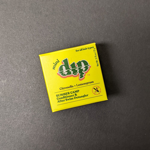 Dip Citronella + Lemongrass Conditioner in a yellow box in regular 4oz and .75oz travel sizes. Sold at Coyote Supply Co a BIPOC and LGBTQIA+ owned zero waste witch store in Reno Nevada