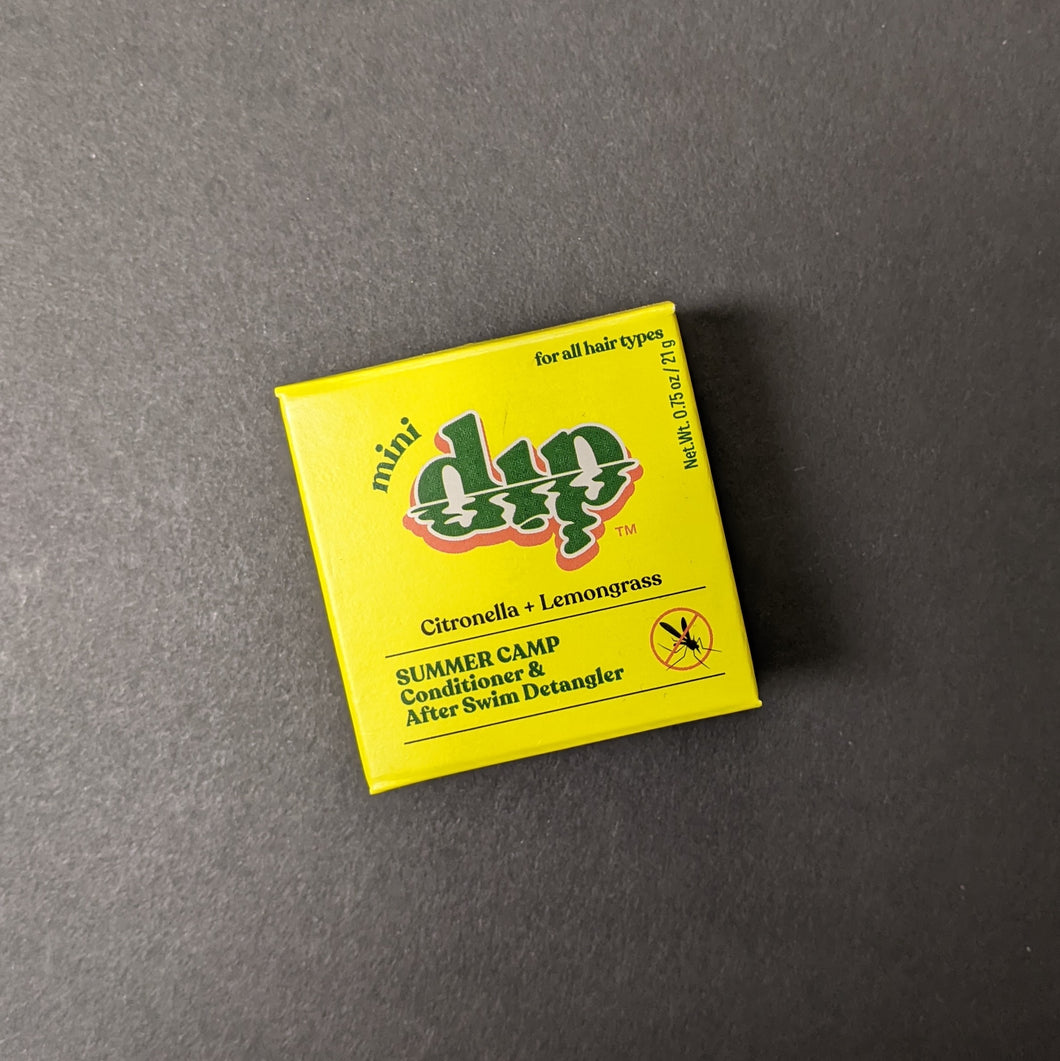 Dip Citronella + Lemongrass Conditioner in a yellow box in regular 4oz and .75oz travel sizes. Sold at Coyote Supply Co a BIPOC and LGBTQIA+ owned zero waste witch store in Reno Nevada