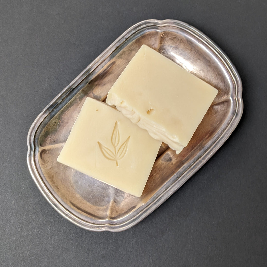 Two Unscented Castile soap bars by MamaSuds in a silver dish. Sold at Coyote Supply Co a BIPOC and LGBTQIA+ owned zero waste witch store in Reno Nevada