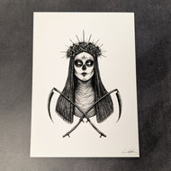 Black drawing on white paper of Santa Murete from the chest up. She has a crown of roses and two scythes crossed in front of her. Sold at Coyote Supply Co a BIPOC and LGBTQIA+ owned zero waste witch store in Reno Nevada