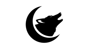 Black on white Coyote Supply Co logo of a crescent moon cradling a howling coyote head.