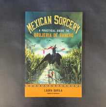 Load image into Gallery viewer, Illustrated book cover that reads 'Mexican Sorcery' by Laura Davila, the cover illustration is of an ominus corn field with a crow holding red ribbon on a black background.
Sold at Coyote Supply Co a BIPOC and LGBTQIA+ owned zero waste witch store in Reno Nevada