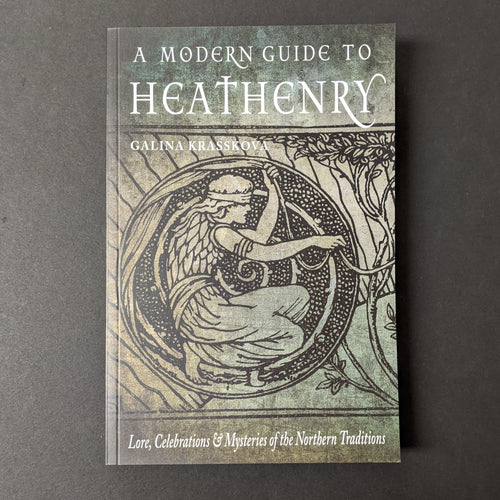 A grey book cover featuring a medieval style blindfolded person squauting by Galina Krasskova.  Sold at Coyote Supply Co a BIPOC and LGBTQIA+ owned zero waste witch store in Reno Nevada 