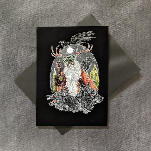 A black velet card with an illustration of Odn wth ravens and wolves by Bat In Your Belfry on a black envelope. Sold at Coyote Supply Co a BIPOC and LGBTQIA+ owned zero waste witch store in Reno Nevada 