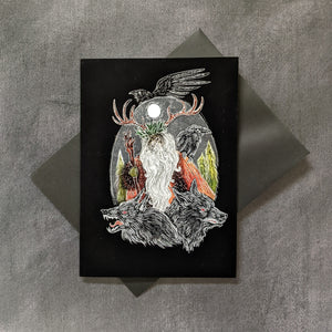 A black velet card with an illustration of Odn wth ravens and wolves by Bat In Your Belfry on a black envelope. Sold at Coyote Supply Co a BIPOC and LGBTQIA+ owned zero waste witch store in Reno Nevada 