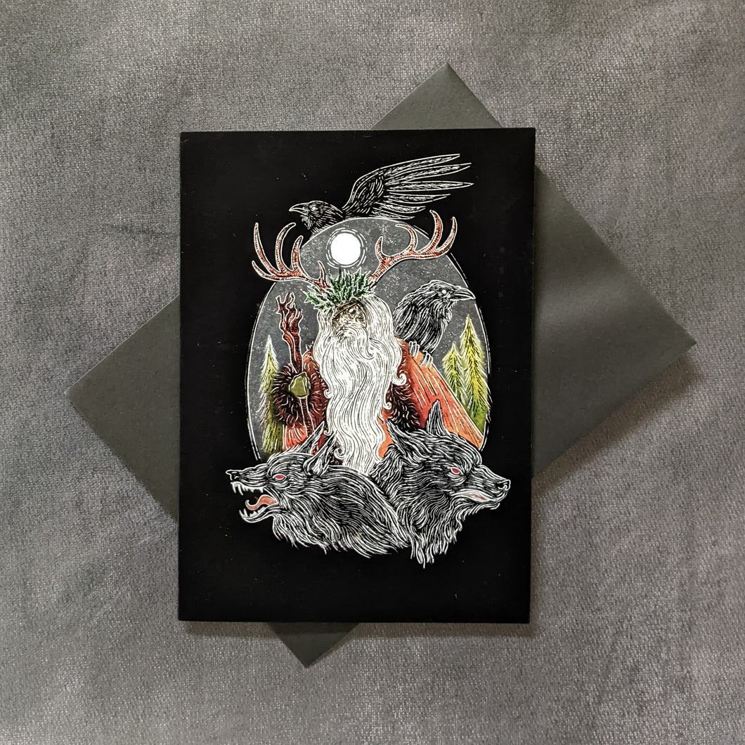 A black velet card with an illustration of Odn wth ravens and wolves by Bat In Your Belfry on a black envelope. Sold at Coyote Supply Co a BIPOC and LGBTQIA+ owned zero waste witch store in Reno Nevada 