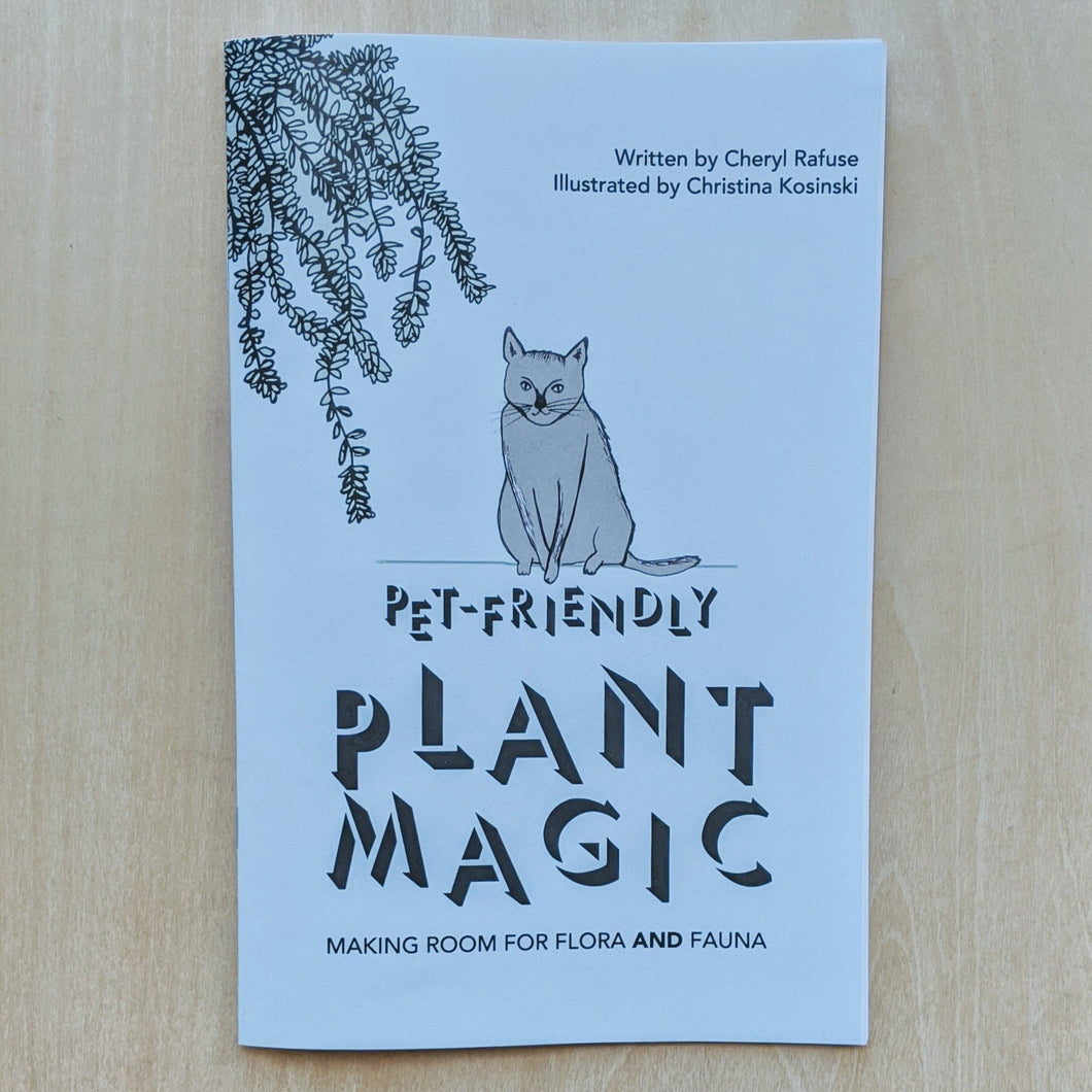 Light blue zine by Plant Magic with the title in black and a drawing of a grey cat in the center, and a mint green plant in the top left corner available at Coyote Supply Co, a zero waste witch store in Midtown Reno, Nevada that is BIPOC owned