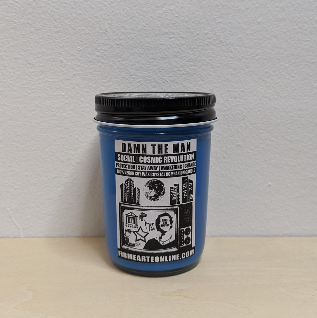 Blue soy wax candle in glass jar with black & white label by Firme Arte available at Coyote Supply Co, a zero waste witch store in Midtown Reno, Nevada that is BIPOC owned