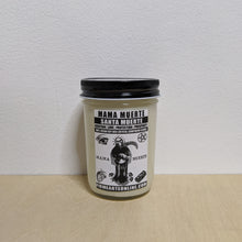 Load image into Gallery viewer, White soy wax candle in glass jar with black lid.  Features a white label with black inked artwork of Mama Muerte by Firme Arte available at Coyote Supply Co, a zero waste witch store in Midtown Reno, Nevada that is BIPOC owned