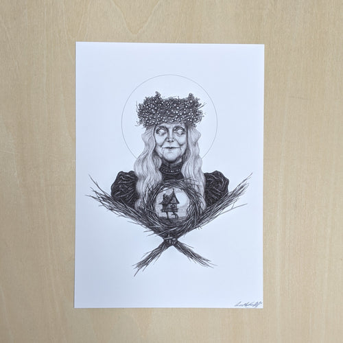 Black ink Baba Yaga illustration on white paper available at Coyote Supply Co, a zero waste witch store in Midtown Reno, Nevada that is BIPOC owned
