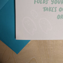Load image into Gallery viewer, Detail of bottom lower left corner of the card featuring three tiny ghosts available at Coyote Supply Co, a zero waste witch store in Midtown Reno, Nevada that is BIPOC owned