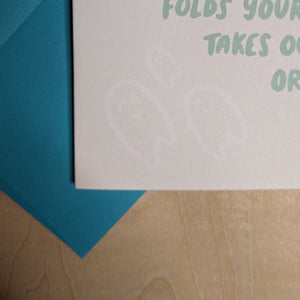 Detail of bottom lower left corner of the card featuring three tiny ghosts available at Coyote Supply Co, a zero waste witch store in Midtown Reno, Nevada that is BIPOC owned