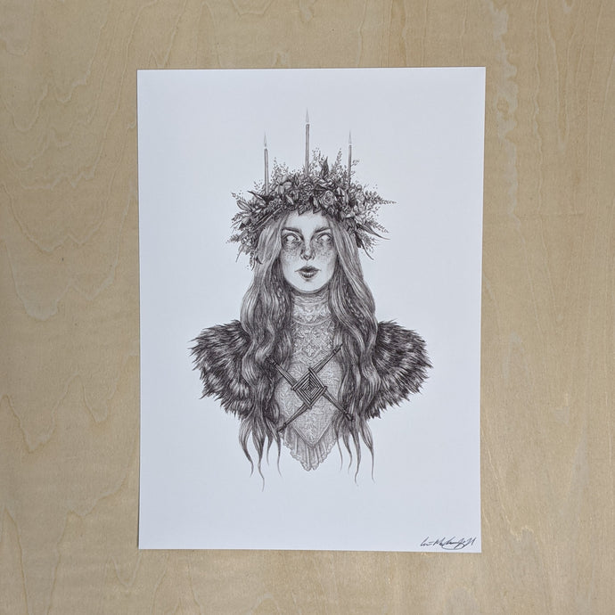 Black drawing on white paper of the Celtic Goddess Brigid, from the chest up.  Her hair is long & wavy & topped with floral crown & three taper candles, she's wearing a high neck Irish lace blouse that looks Victorian & a fur cloak, & on the front of her chest is a Brigid's cross made from rushes available at Coyote Supply Co, a zero waste witch store in Midtown Reno, Nevada that is BIPOC owned