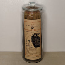 Load image into Gallery viewer, Glass jar filled with Quoth the Raven incense by Sea Witch Botanicals. Kraft paper label features a black illustration of a raven available at Coyote Supply Co, a zero waste witch store in Midtown Reno, Nevada that is BIPOC owned