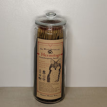 Load image into Gallery viewer, Glass jar filled with Hermitage incense by Sea Witch Botanicals. Kraft paper label features a black illustration of a fox available at Coyote Supply Co, a zero waste witch store in Midtown Reno, Nevada that is BIPOC owned