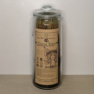 Glass jar filled with Green Fairy incense by Sea Witch Botanicals. Kraft paper label features a black illustration of a fairy available at Coyote Supply Co, a zero waste witch store in Midtown Reno, Nevada that is BIPOC owned