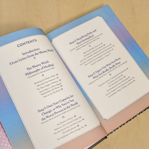 Table of Contents for Money Magic by Jessie Susannah Karnatz. Pages feature blue and pink gradient borders and purple text on white backgrounds.