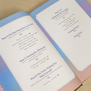 Table of Contents for Money Magic by Jessie Susannah Karnatz. Pages feature blue and pink gradient borders and purple text on white backgrounds.
