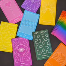 Load image into Gallery viewer, Image features a spread of cards from the Prism Oracle Deck by Nicole Pivirotto. From left to right: Light pink &quot;sweetness,&quot; bright purple &quot;creativity,&quot; bright yellow &quot;determination,&quot;  rainbow gradient card backs, acid yellow &quot;anxiety,&quot; fuchsia &quot;magic,&quot; bright blue &quot;flow,&quot; dark green &quot;abundance,&quot; bright orange card with label not visible in frame.