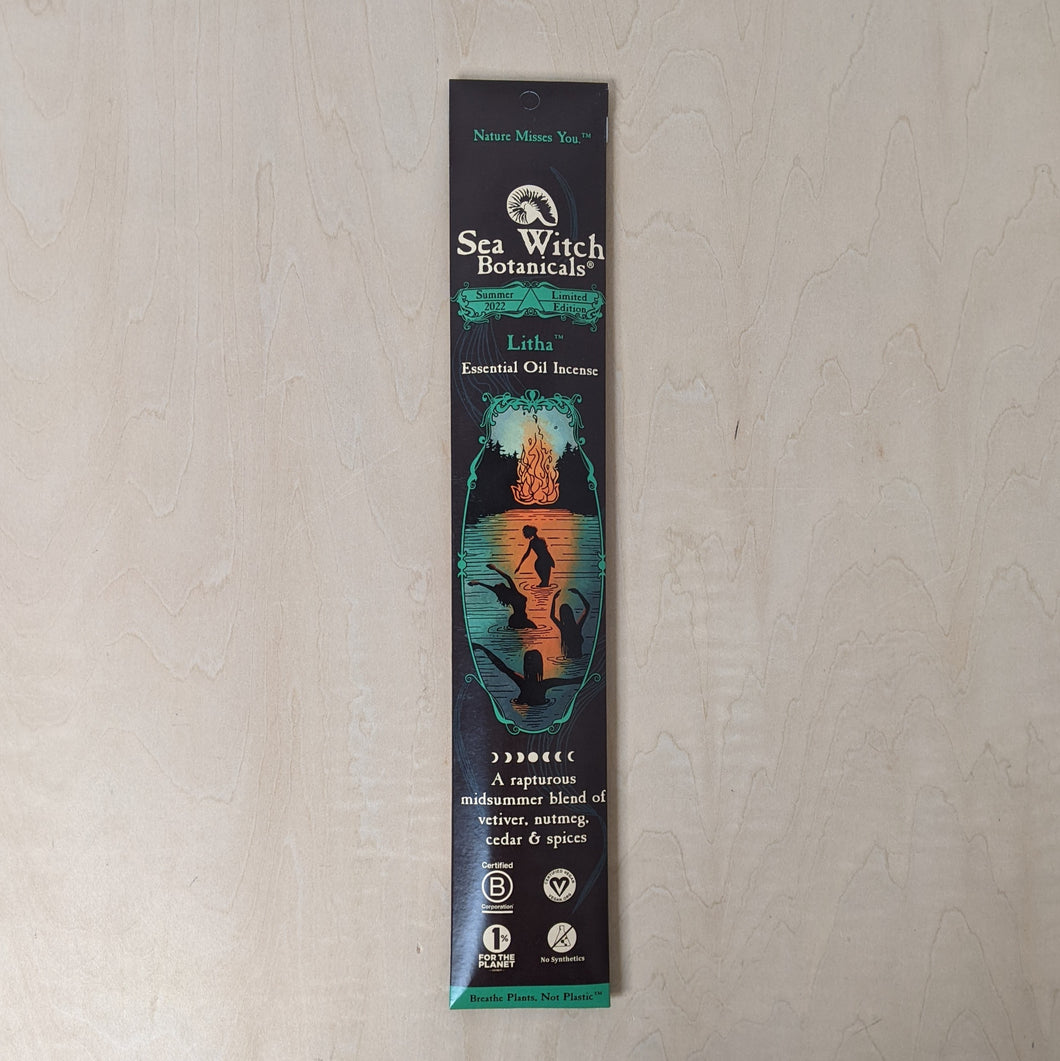 Black paper envelope containing incense by Sea Witch Botanicals. Envelope features a teal & orange illustration of 4 people swimming in a lake by a bonfire available at Coyote Supply Co, a zero waste witch store in Midtown Reno, Nevada that is BIPOC owned