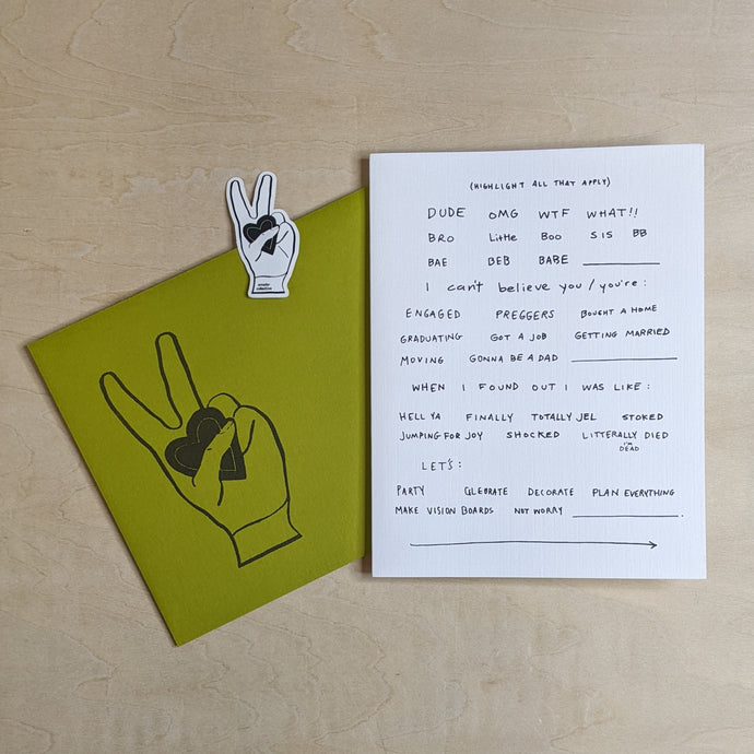 Olive green envelope & tiny white seal featuring the Amador Collective logo of a hand holding a heart while giving a peace sign, layered under a white card with circle or highlight your own message words in black text available at Coyote Supply Co, a zero waste witch store in Midtown Reno, Nevada that is BIPOC owned