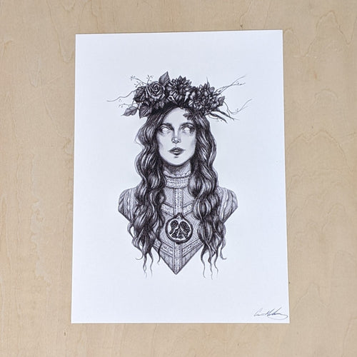 Black drawing on white paper of the Greek Goddess Persephone from the chest up. Her hair is long & wavy & topped with a flower crown. She sports a long necked Victorian style top and a pomegranate on her chest. Available at Coyote Supply Co, a zero waste witch store in Midtown Reno, Nevada that is BIPOC owned