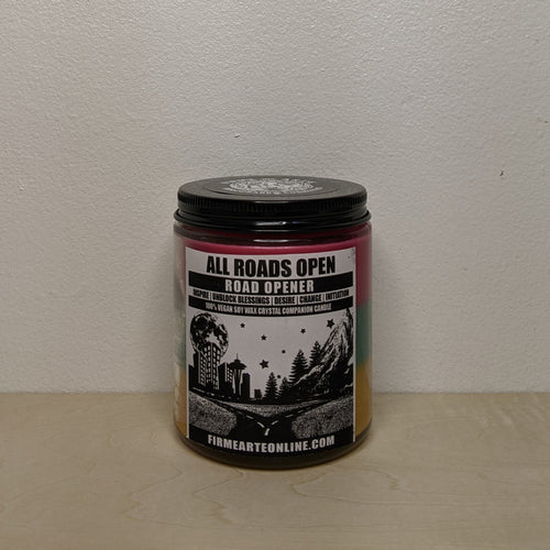 Layered red, green, yellow soy wax candle in glass jar with black & white label by Firme Arte available at Coyote Supply Co, a zero waste witch store in Midtown Reno, Nevada that is BIPOC owned
